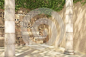 Empty corner of an ivy-covered decorative wall and old columns. Wall of stone blocks and bricks with pattern in ancient style.