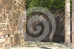 Empty corner of an ivy-covered decorative wall and old columns. Wall of stone blocks and bricks with pattern in ancient style.