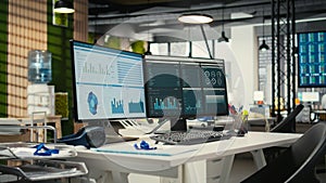 Empty corporate workstations with computers running financial diagnostics