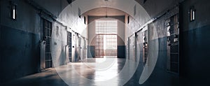 The Empty Corridor of a Stark Prison with Sunlight Streaming In.AI generated image
