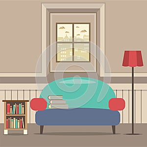 Empty Couch With Bookcase In Front Of Window