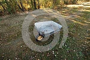 Empty country car stands on the lawn, top view