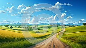 An empty country road with a clear blue sky above the fields