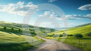 An empty country road with fields of crops stretching to the horizon