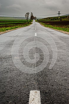 a empty country road that leads to the field of green trees