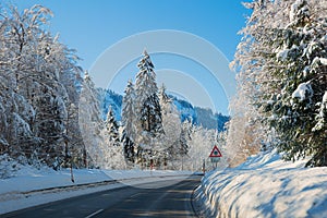 Empty country road through wintry forest with snow covered trees, near Kreuth, Bavaria. with traffic sign and curve