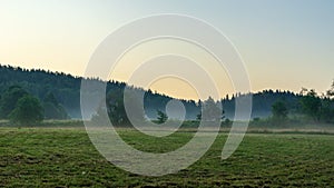 empty countryside landscape in autumn with fields and meadows and rare trees in background