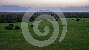 empty countryside landscape in autumn with fields and meadows and rare trees in background