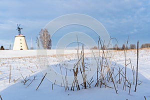 Empty Countryside Landscape in Sunny Winter Day with Snow Covering the Ground, Abstract Background with Deep Look