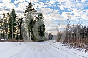 Empty Countryside Landscape in Sunny Winter Day with Snow Covering the Ground, Abstract Background with Deep Look