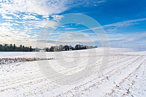 Empty Countryside Landscape in Sunny Winter Day with Snow Covering the Ground with Power Lines in Frame, Abstract Background