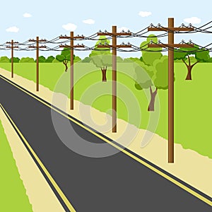 Empty countryside road with electricity pole along the way. Utility pole Electricity concept. High voltage wires