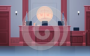 Empty courtroom with judge workplace chairs and table modern courthouse interior justice and jurisprudence concept