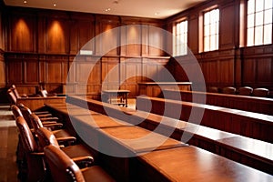 Empty courtroom, not in session during legal proceedings