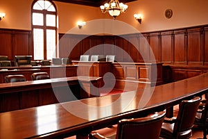 Empty courtroom, not in session during legal proceedings photo