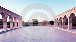 An empty courtyard with arches and pillars. Generative AI image.