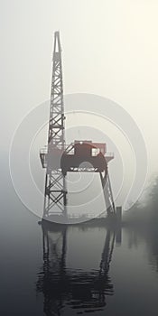 Empty Crane On Foggy Reservoir: Cinematic Still Shot In Dusseldorf School Style