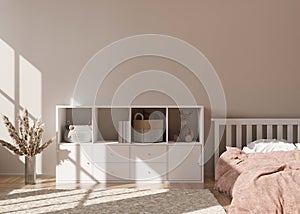 Empty cream wall in modern child room. Mock up interior in scandinavian style. Free, copy space for your picture, poster