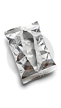 Torn Empty Silver Foil Snack Wrapper on White Background