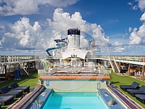 An empty cruise ship pool deck as a result of the coronavirus pandemic.