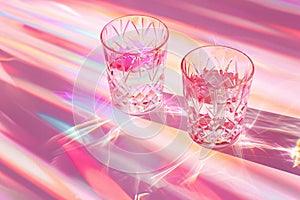 empty crystal glass on pink background, long glitter geometric shadows on the table