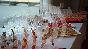 Empty crystal glasses at the table for drinks and alcoholic beverage.