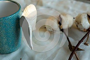 An empty cup for coffee or tea on the white background with shadows