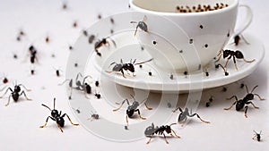 An empty cup and saucer covered by black ants