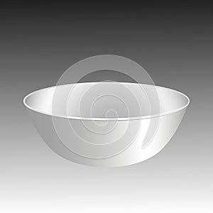 Empty cup, saucer. White plate, bowl isolated on black background.