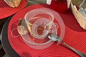 empty cup of tea with a saucer on table with a tea bag. drunk empty mug