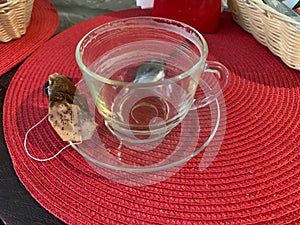 empty cup of tea with a saucer on table with a tea bag. drunk empty mug