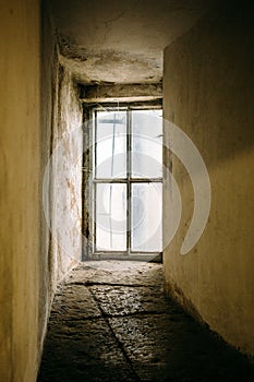 Empty curve corridor and large window on the whole wall instead of door, perspective, vertical image