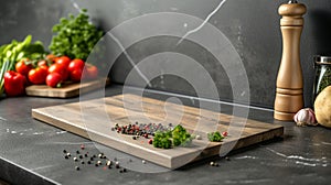 Empty cutting board with ingredients in the kitchen