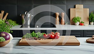 Empty cutting board with ingredients in the kitchen