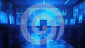 Empty cybersecurity control room analyzing global data network