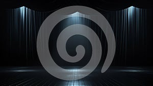 Empty 3d room background template - Theater stage with black velvet curtains and spotlights, AI