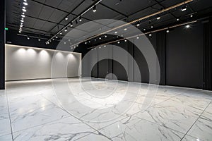 Empty Dark Abstract Room with White Marble Flooring