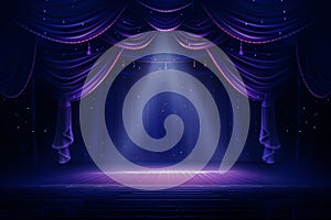 Empty Dark Blue Purple Theater Stage with Curtains and Spotlight