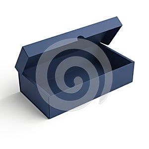 Empty dark blue rectangular box with open lid