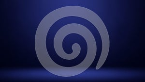 Empty dark blue studio background with subtle spotlight effect and soft floor shadow creating a dramatic presentation