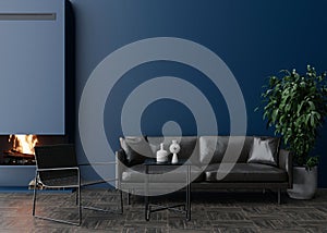 Empty dark blue wall in modern living room. Mock up interior in contemporary style. Free space for picture, poster