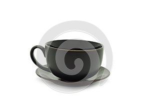 Empty dark brown coffee or tea cup and saucer isolated.