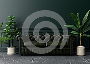 Empty dark green wall in modern living room. Mock up interior in classic style. Free space, copy space for your picture