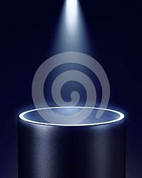 Empty dark pedestal illuminated by spotlight from top. 3d computer graphic template of displaying place for your products. Blank