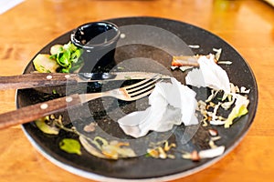 Empty plate left after dinner.Dirty dish after eaten with knife and fork