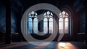 Empty dark room in gothic style with large windows