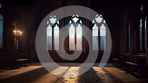 Empty dark room in gothic style with large windows