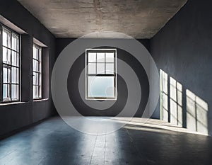 Empty dark room interior with light coming from the window on the grey walls