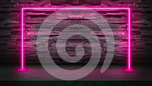 Empty dark stone table with pink fluorescent neon lights.