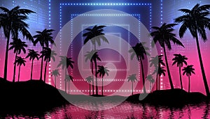 Empty dark tropical background of night sea beach, neon light, city lights. Silhouettes of tropical palm trees